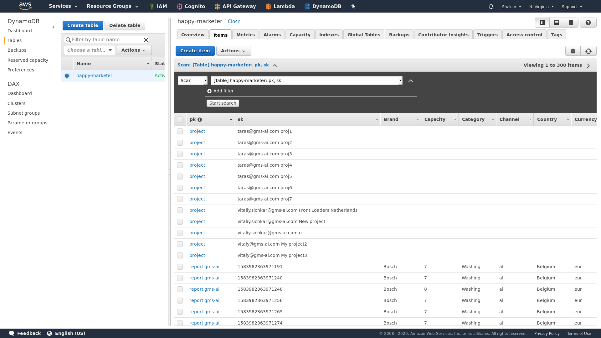screenshot of Amazon DynamoDB